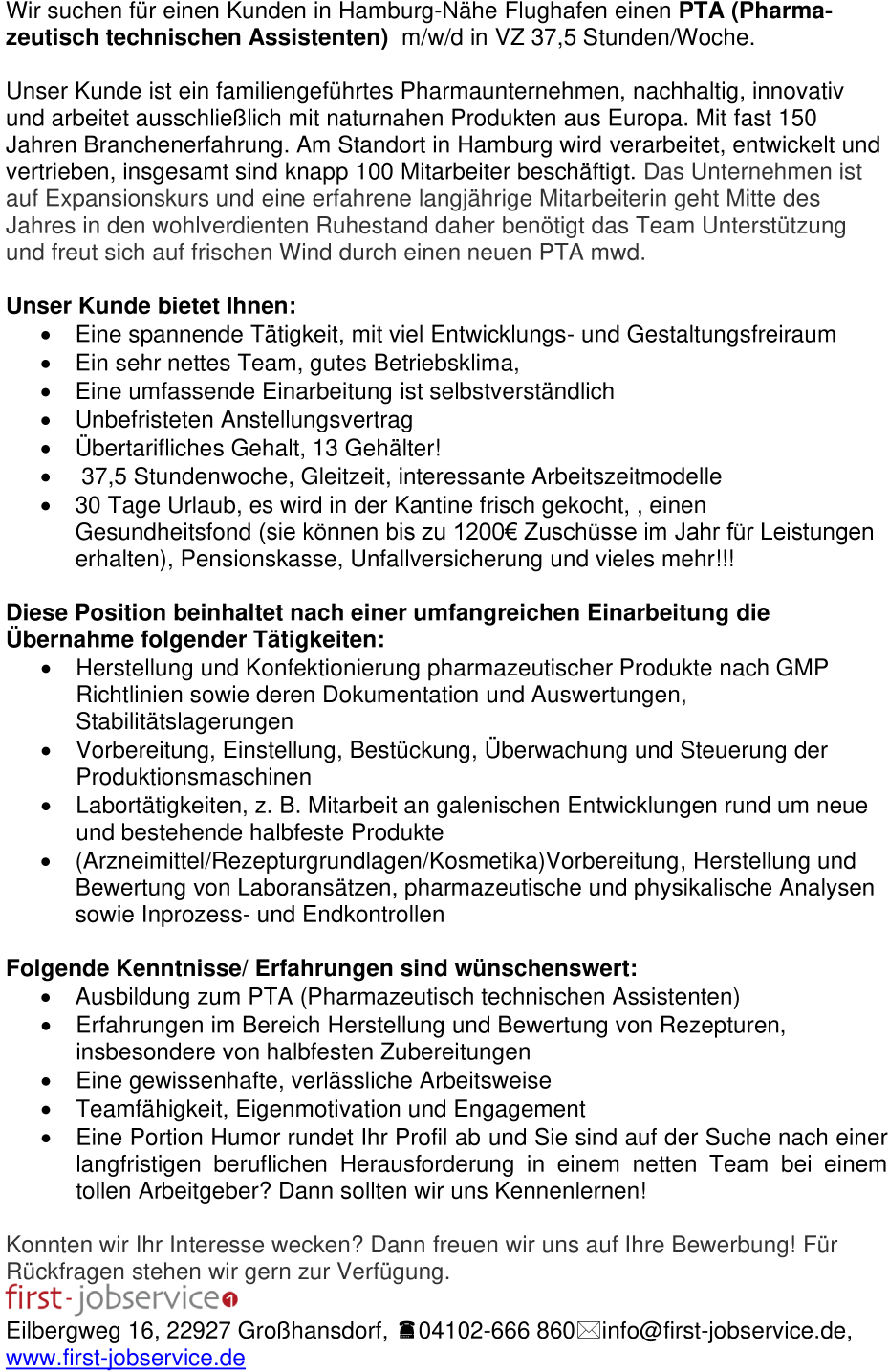 Pharmazeutisch technische Assistenz - PTA - (m/w/d) 37,5 Std. unbefristet mega!